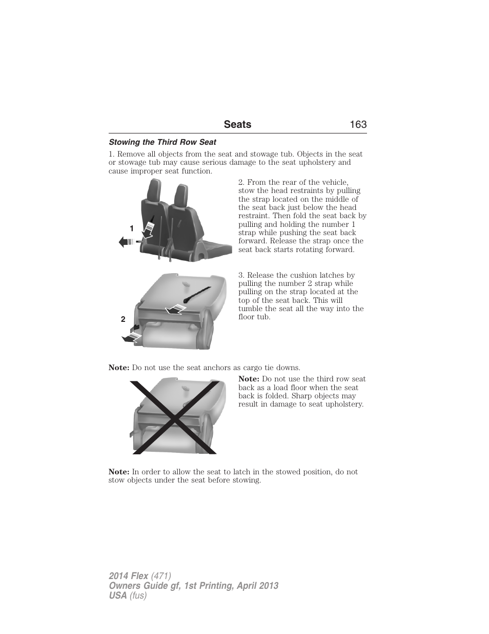 Stowing the third row seat, Seats 163 | FORD 2014 Flex v.1 User Manual | Page 164 / 554