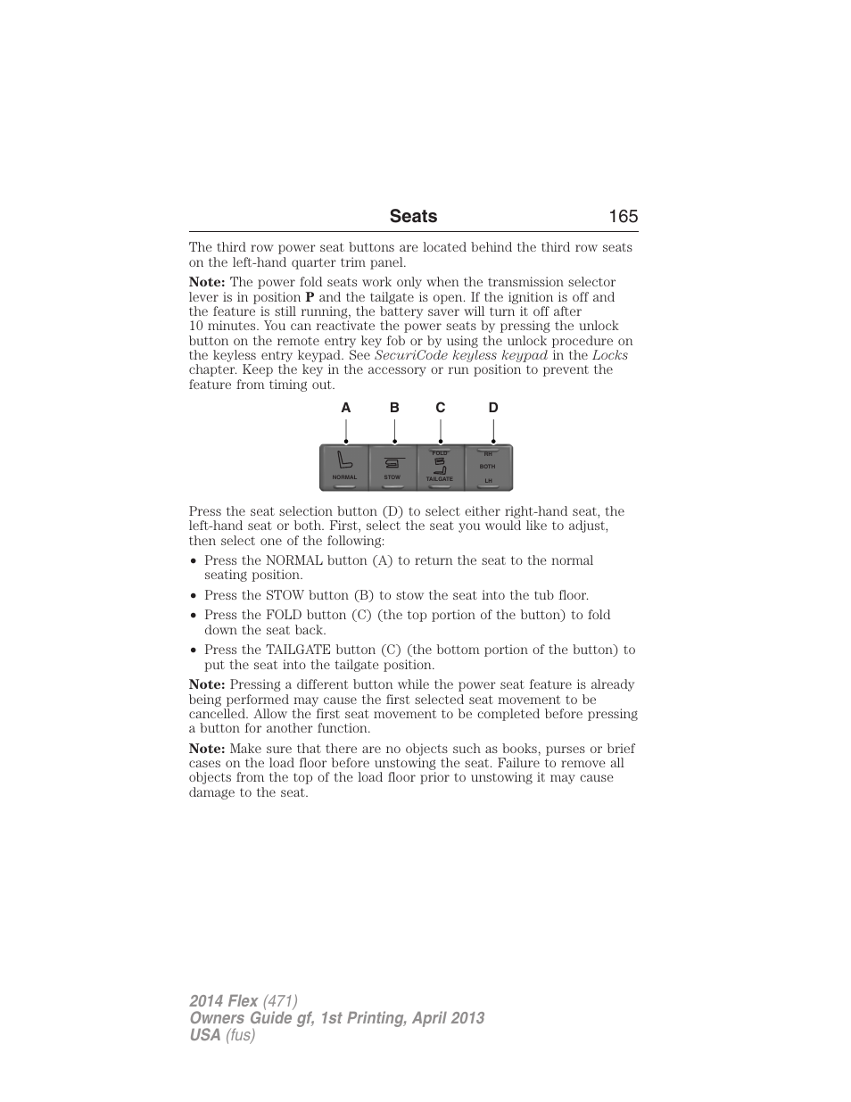 Seats 165 | FORD 2014 Flex v.1 User Manual | Page 166 / 554
