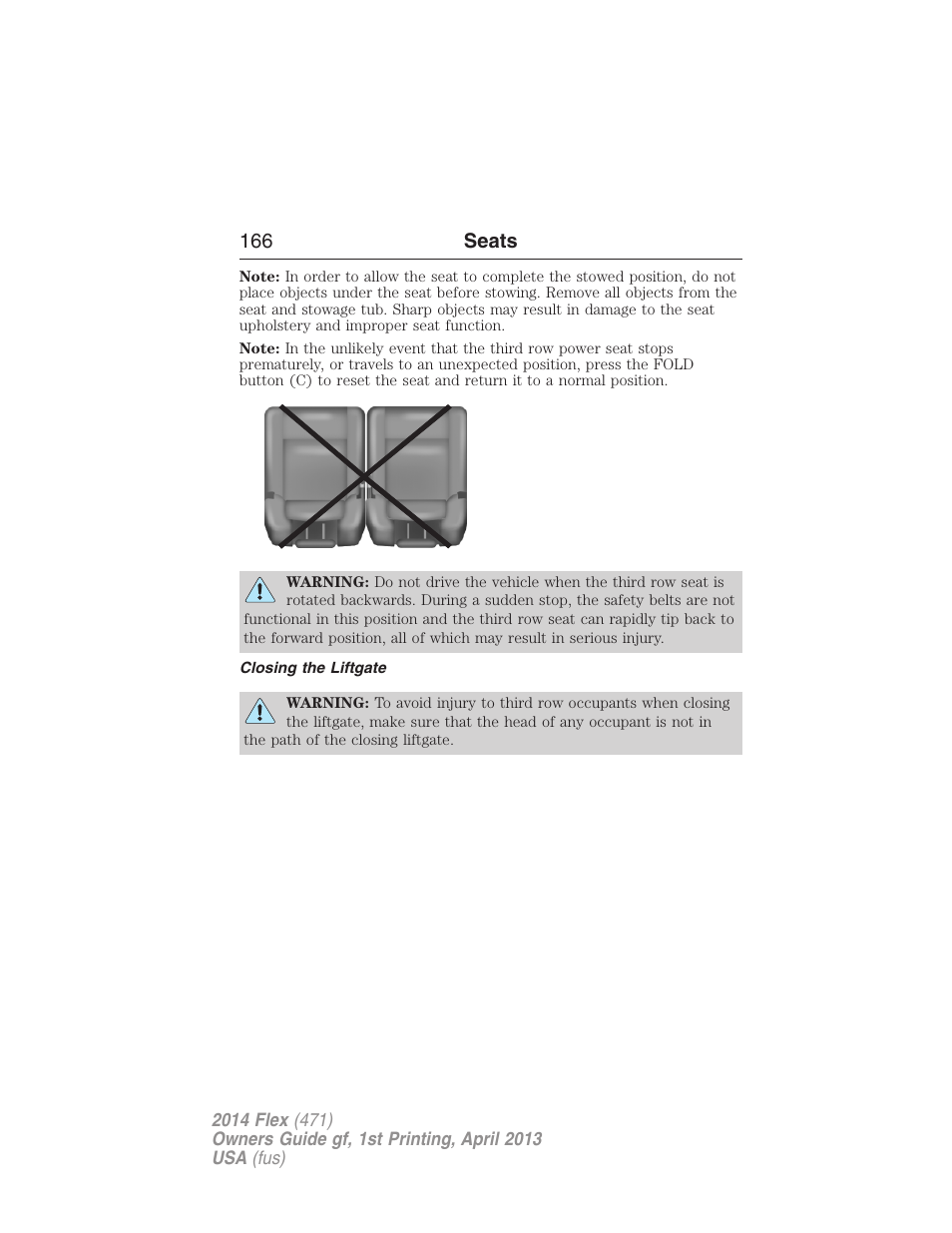 Closing the liftgate, 166 seats | FORD 2014 Flex v.1 User Manual | Page 167 / 554