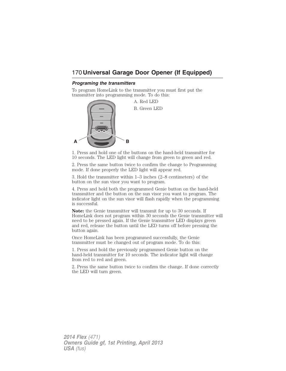 Programing the transmitters, 170 universal garage door opener (if equipped) | FORD 2014 Flex v.1 User Manual | Page 171 / 554