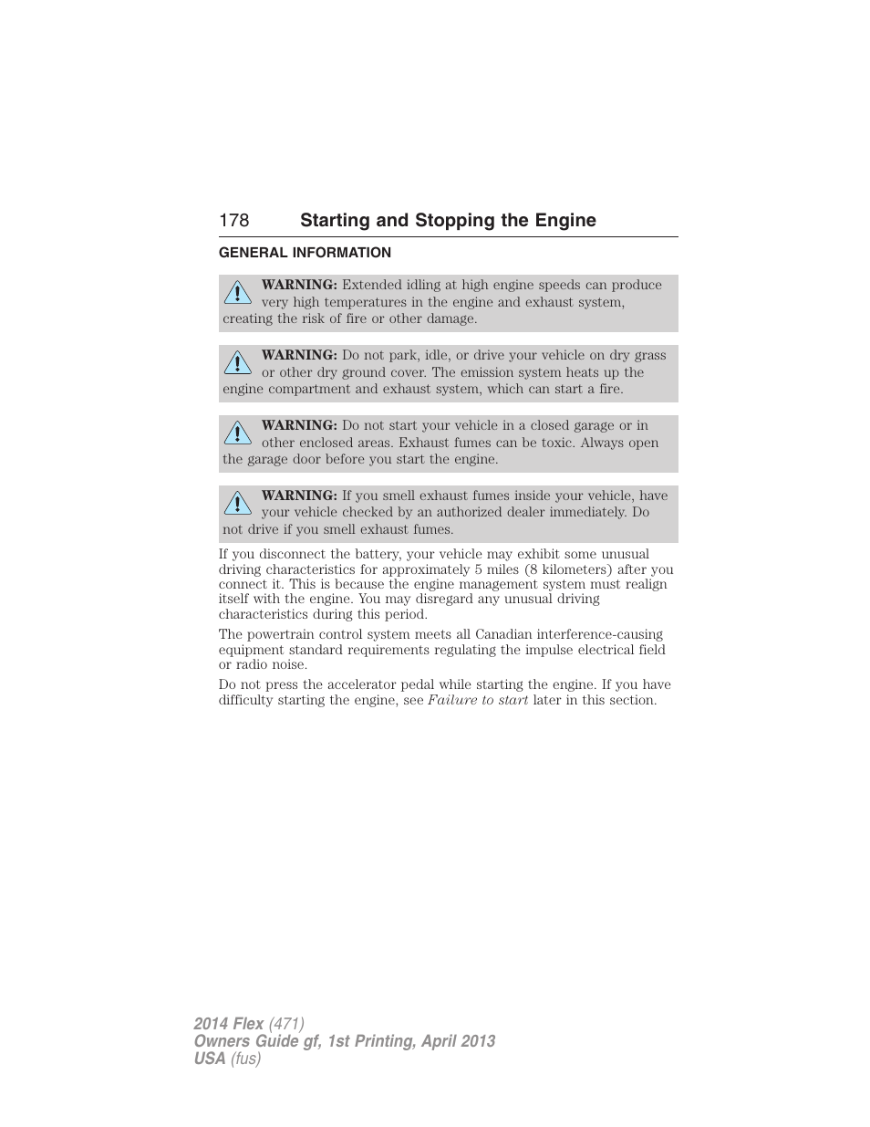 Starting and stopping the engine, General information, 178 starting and stopping the engine | FORD 2014 Flex v.1 User Manual | Page 179 / 554