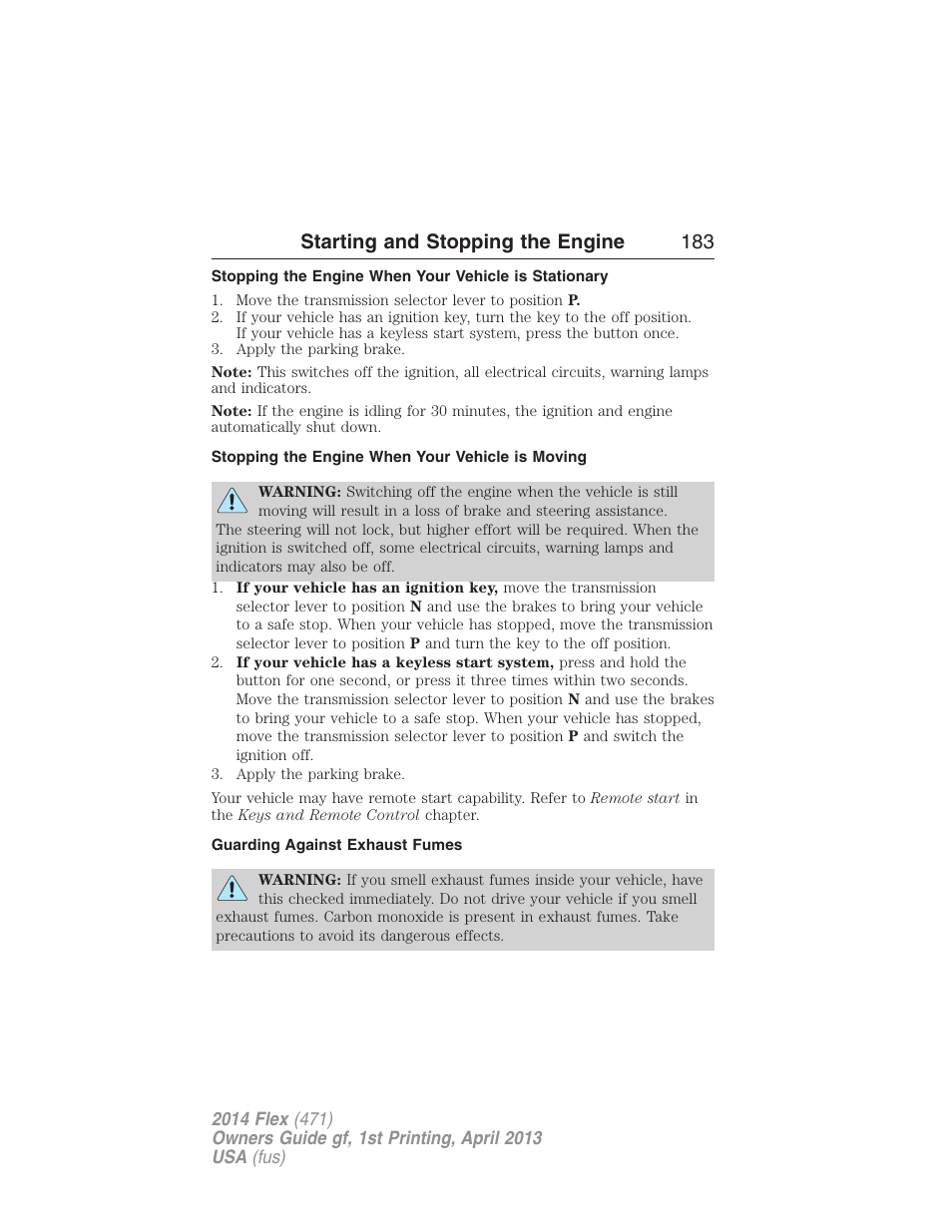 Stopping the engine when your vehicle is moving, Guarding against exhaust fumes, Starting and stopping the engine 183 | FORD 2014 Flex v.1 User Manual | Page 184 / 554