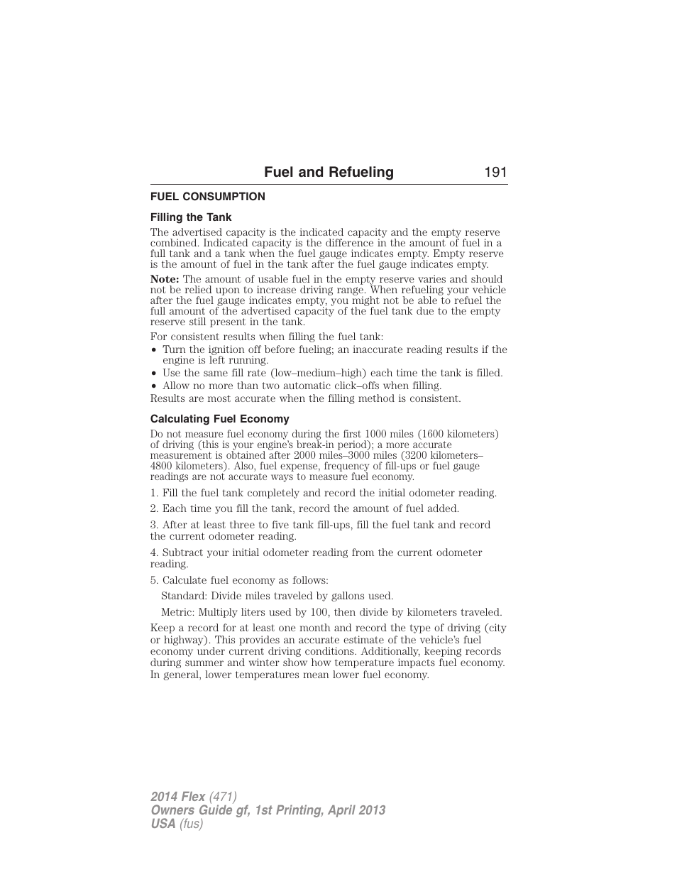 Fuel consumption, Filling the tank, Calculating fuel economy | Fuel and refueling 191 | FORD 2014 Flex v.1 User Manual | Page 192 / 554