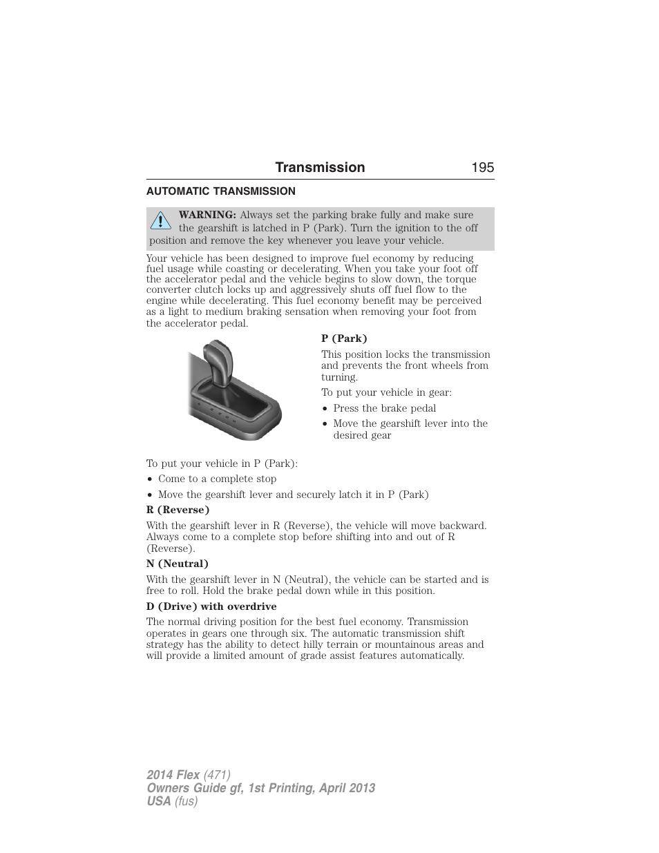 Transmission, Automatic transmission, Transmission 195 | FORD 2014 Flex v.1 User Manual | Page 196 / 554