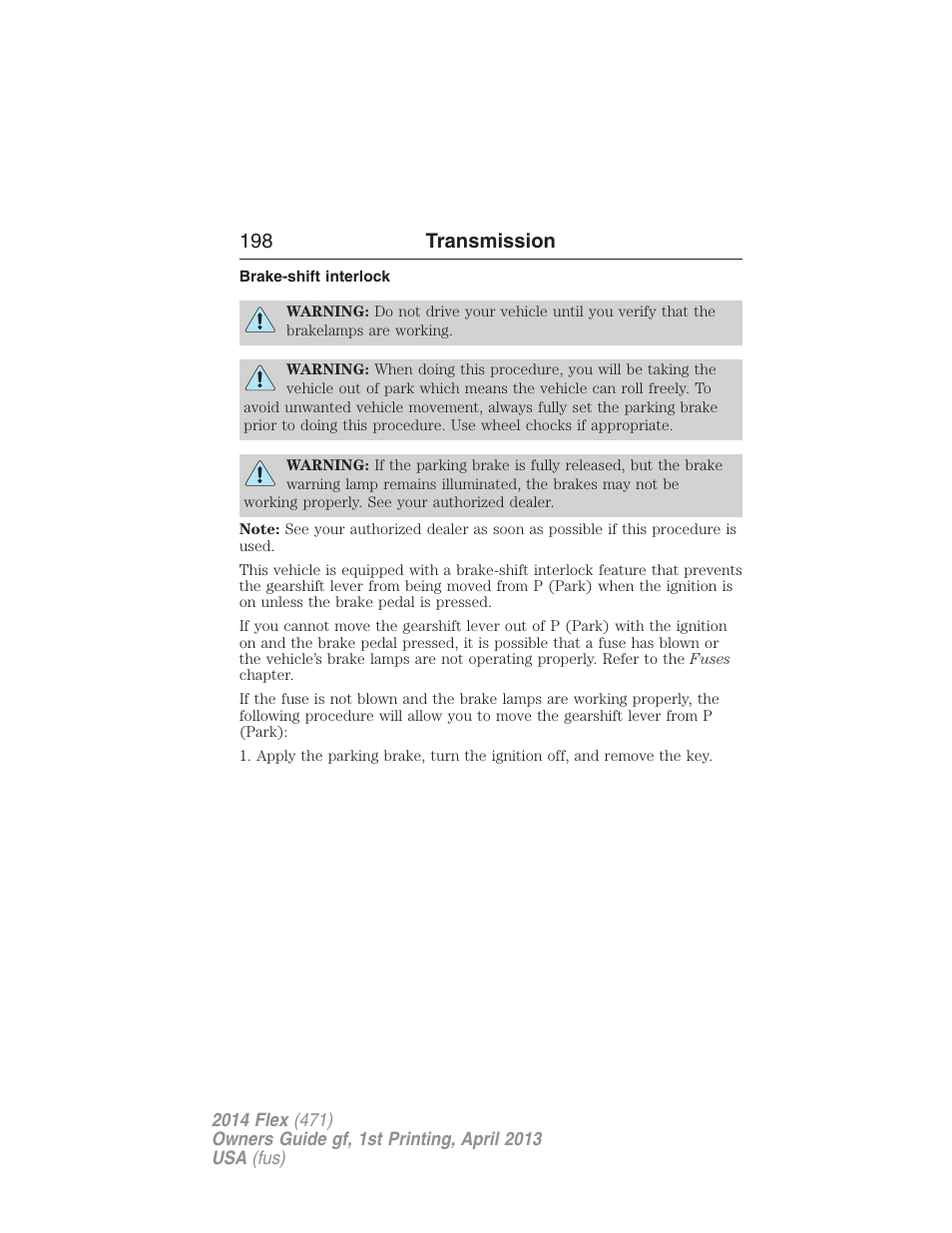 Brake-shift interlock, 198 transmission | FORD 2014 Flex v.1 User Manual | Page 199 / 554