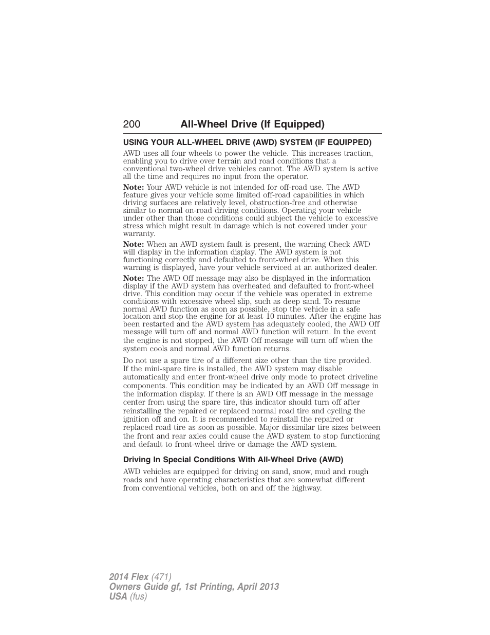 All-wheel drive (if equipped), All wheel drive, 200 all-wheel drive (if equipped) | FORD 2014 Flex v.1 User Manual | Page 201 / 554