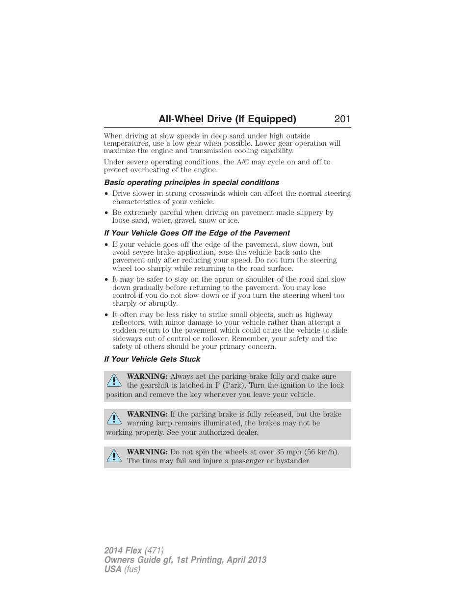 Basic operating principles in special conditions, If your vehicle goes off the edge of the pavement, If your vehicle gets stuck | All-wheel drive (if equipped) 201 | FORD 2014 Flex v.1 User Manual | Page 202 / 554