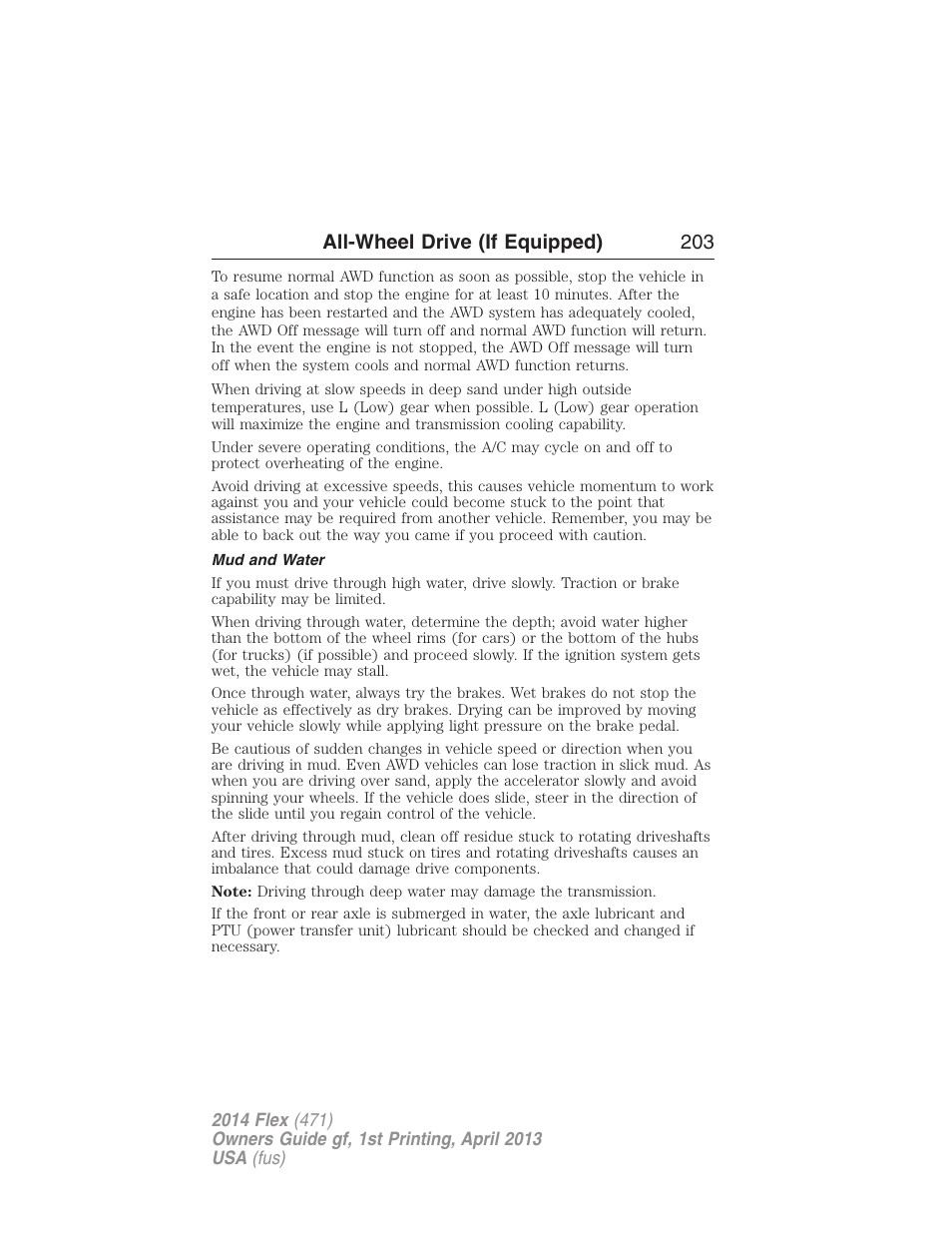 Mud and water, All-wheel drive (if equipped) 203 | FORD 2014 Flex v.1 User Manual | Page 204 / 554