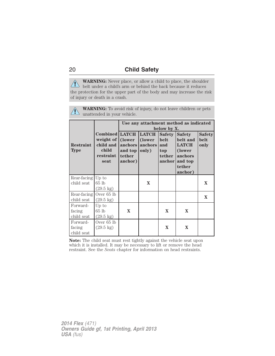 20 child safety | FORD 2014 Flex v.1 User Manual | Page 21 / 554