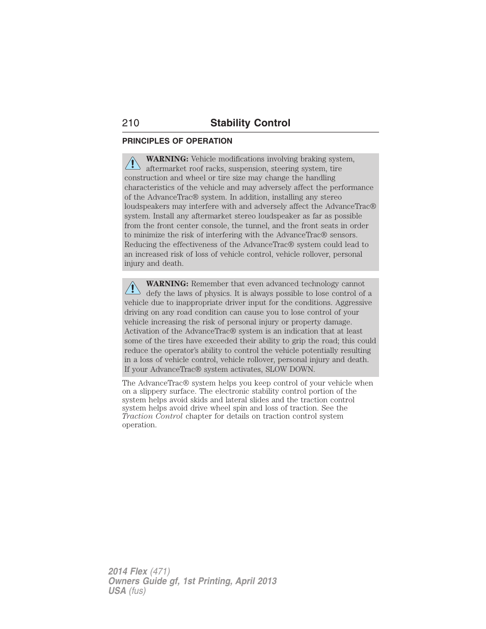 Stability control, Principles of operation, Advancetrac | 210 stability control | FORD 2014 Flex v.1 User Manual | Page 211 / 554