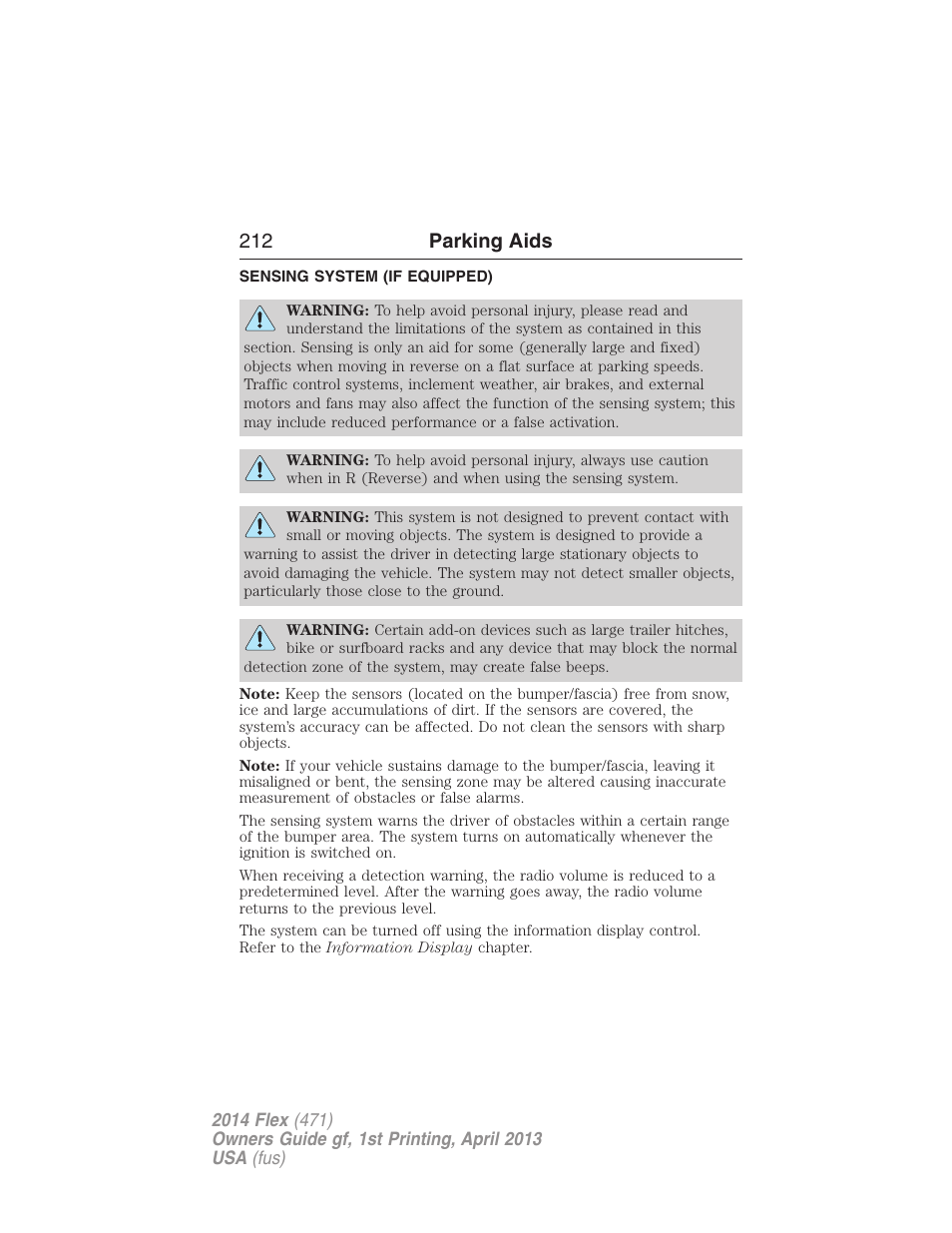 Parking aids, Sensing system (if equipped), Sensing system | 212 parking aids | FORD 2014 Flex v.1 User Manual | Page 213 / 554