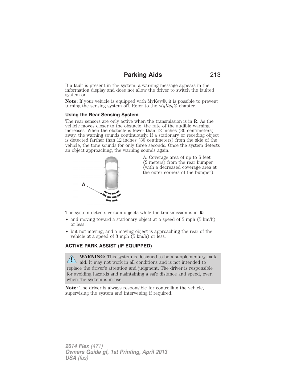 Using the rear sensing system, Active park assist (if equipped), Active park assist | Parking aids 213 | FORD 2014 Flex v.1 User Manual | Page 214 / 554