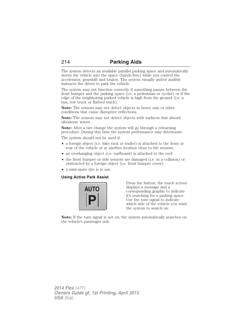 Using active park assist, Auto | FORD 2014 Flex v.1 User Manual | Page 215 / 554