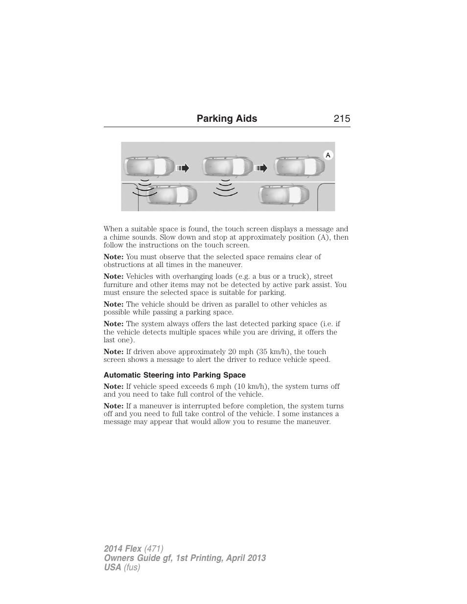 Automatic steering into parking space, Parking aids 215 | FORD 2014 Flex v.1 User Manual | Page 216 / 554