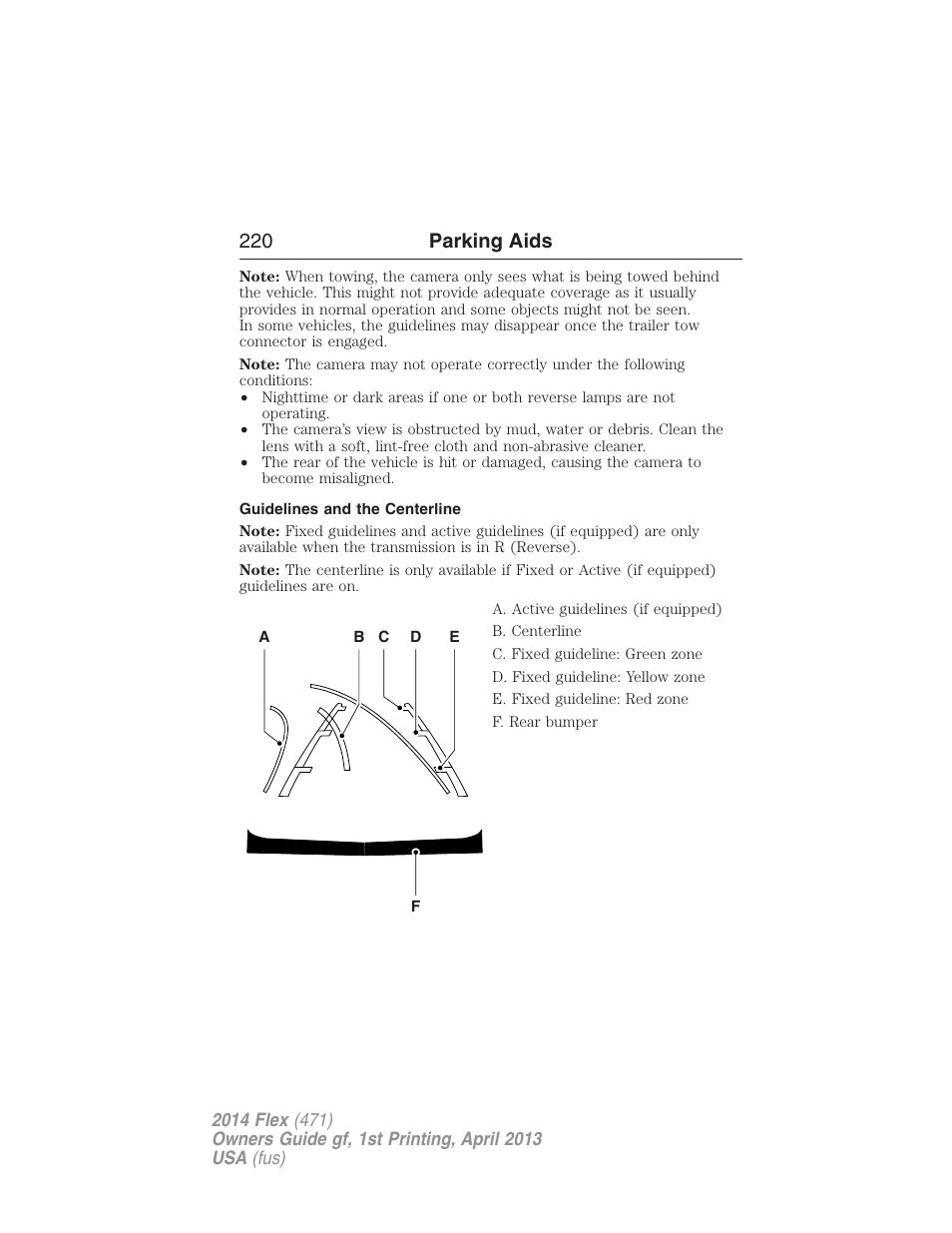 Guidelines and the centerline, 220 parking aids | FORD 2014 Flex v.1 User Manual | Page 221 / 554