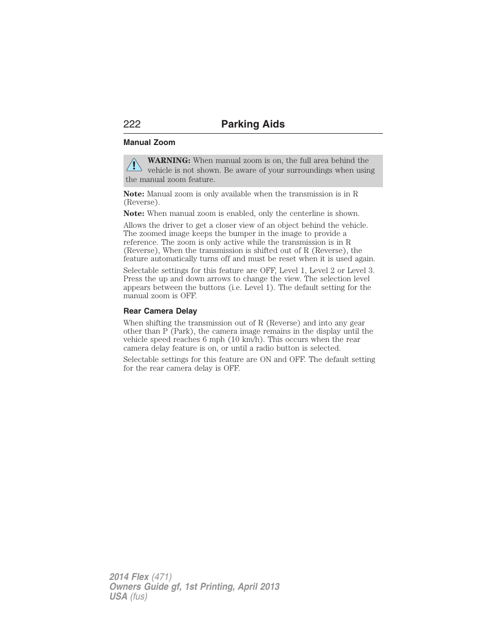 Manual zoom, Rear camera delay, 222 parking aids | FORD 2014 Flex v.1 User Manual | Page 223 / 554
