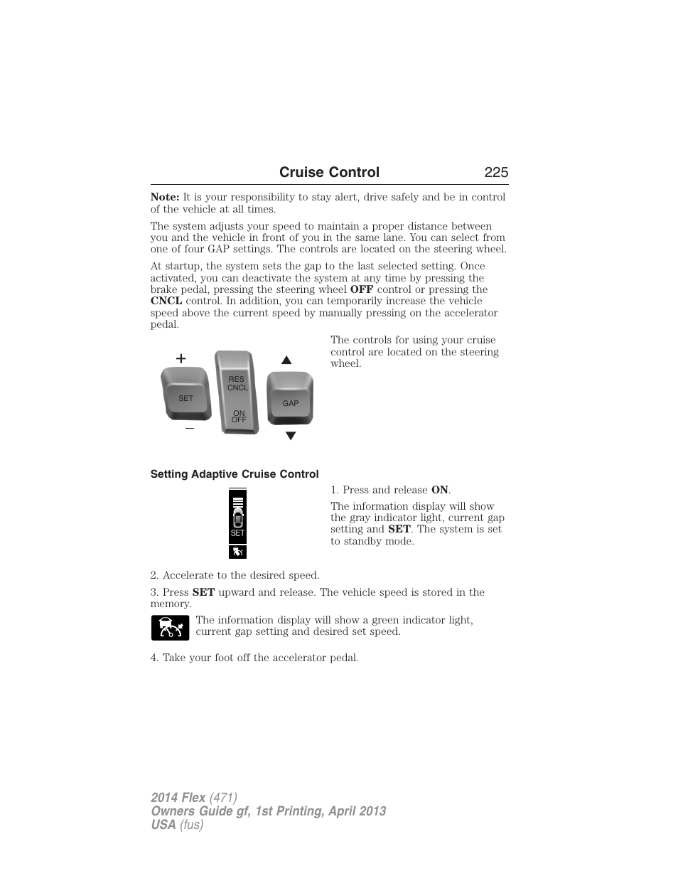 Setting adaptive cruise control, Cruise control 225 | FORD 2014 Flex v.1 User Manual | Page 226 / 554