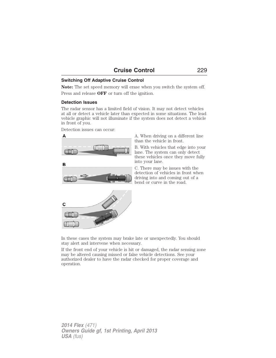 Switching off adaptive cruise control, Detection issues, Cruise control 229 | FORD 2014 Flex v.1 User Manual | Page 230 / 554