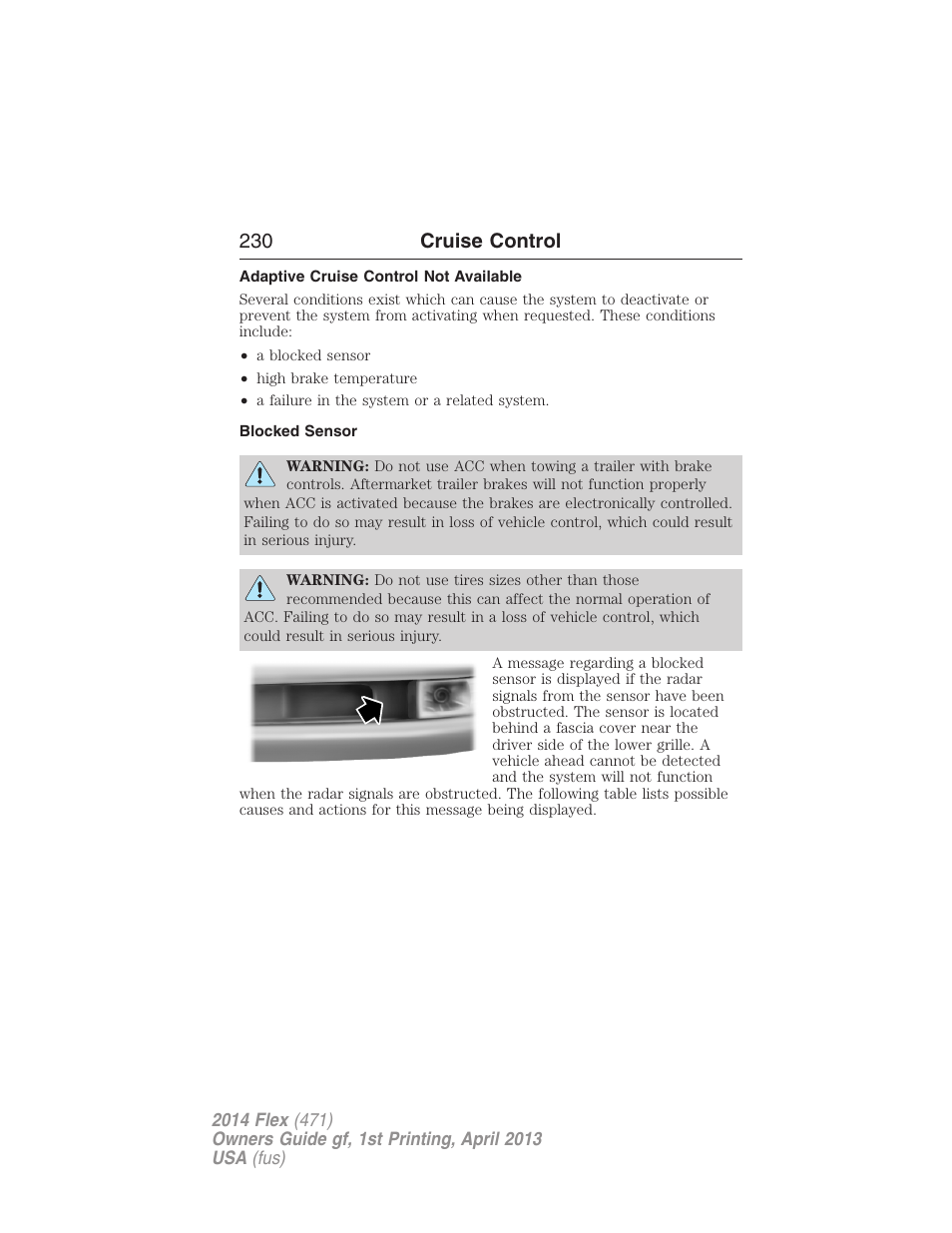 Adaptive cruise control not available, Blocked sensor, 230 cruise control | FORD 2014 Flex v.1 User Manual | Page 231 / 554
