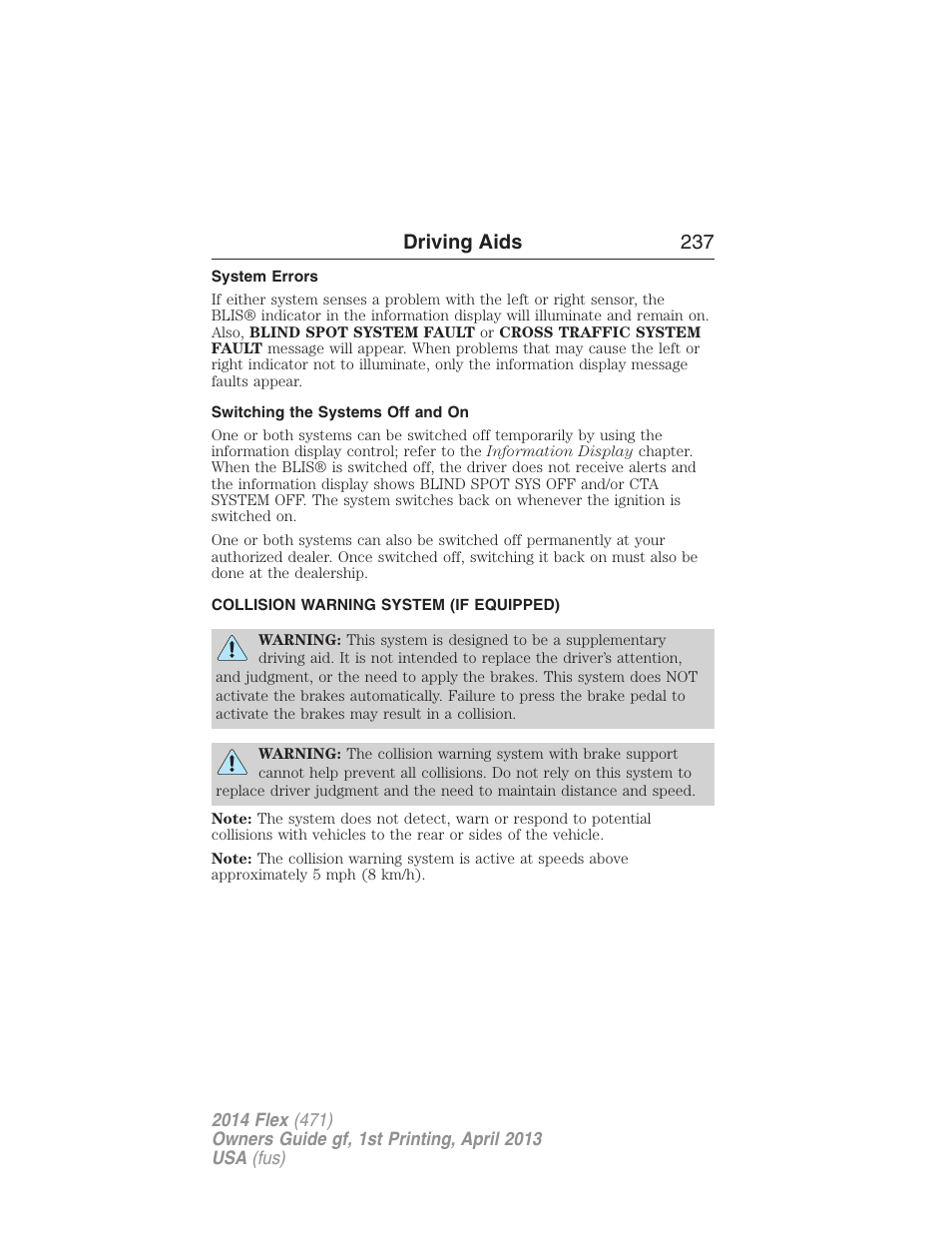 System errors, Switching the systems off and on, Collision warning system (if equipped) | Collision warning system, Driving aids 237 | FORD 2014 Flex v.1 User Manual | Page 238 / 554