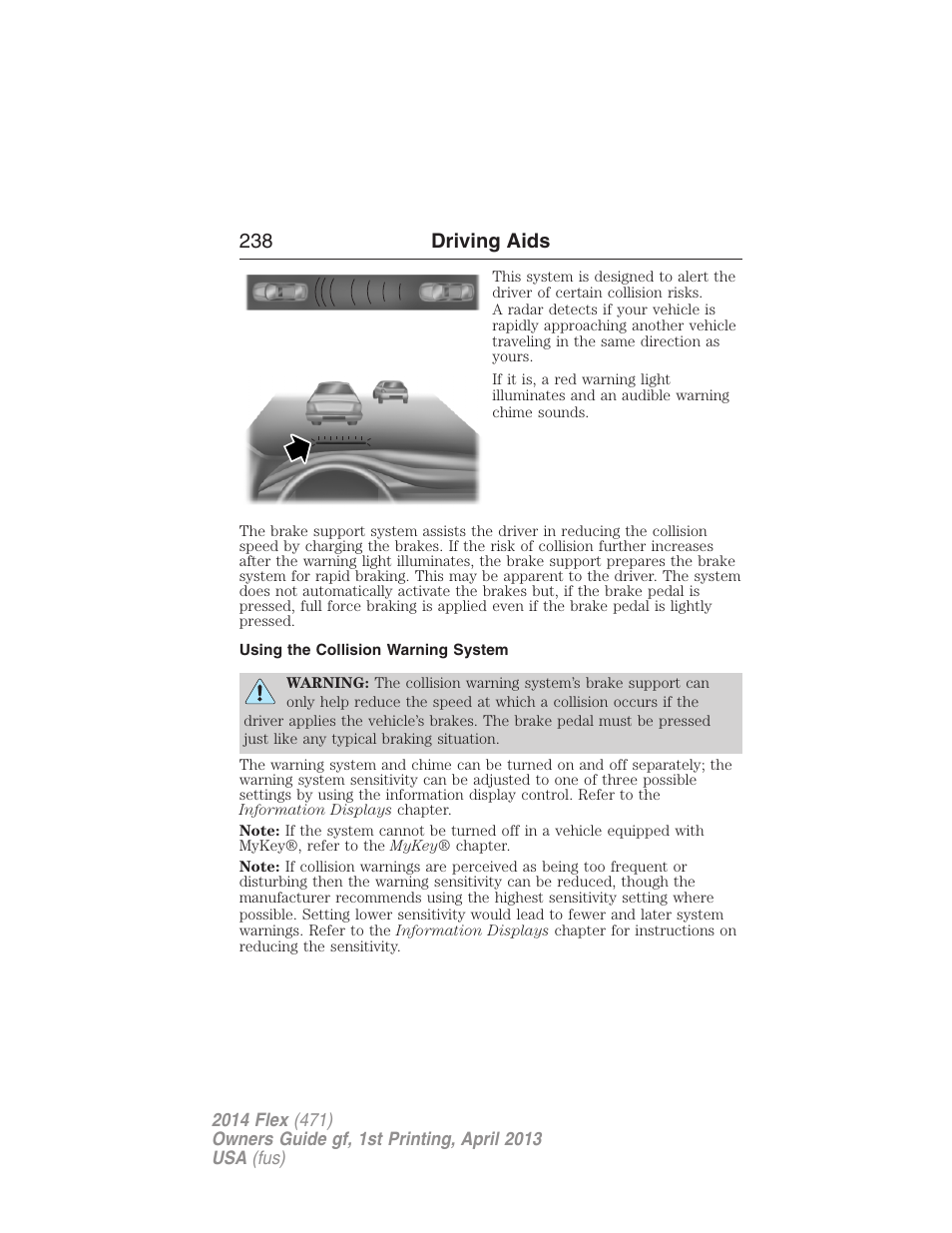Using the collision warning system, 238 driving aids | FORD 2014 Flex v.1 User Manual | Page 239 / 554