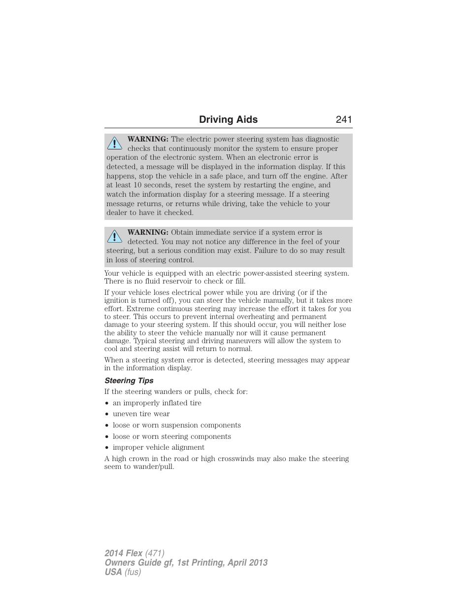 Steering tips, Driving aids 241 | FORD 2014 Flex v.1 User Manual | Page 242 / 554