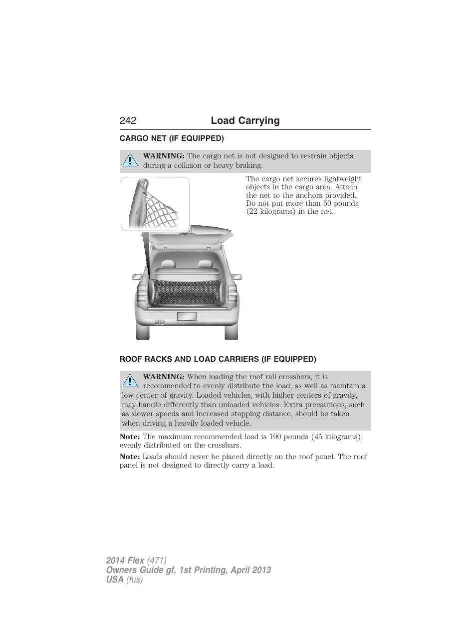 Load carrying, Cargo net (if equipped), Roof racks and load carriers (if equipped) | Cargo net, Roof racks and load carriers, 242 load carrying | FORD 2014 Flex v.1 User Manual | Page 243 / 554
