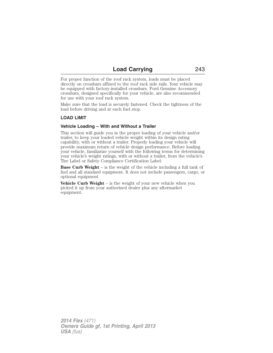 Load limit, Vehicle loading – with and without a trailer, Vehicle loading | Load carrying 243 | FORD 2014 Flex v.1 User Manual | Page 244 / 554