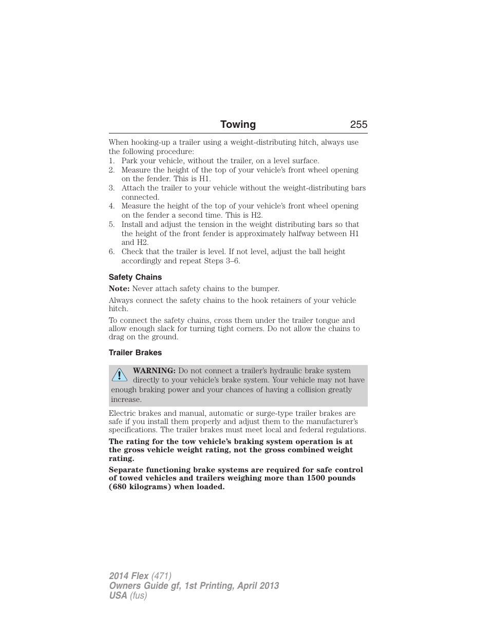 Safety chains, Trailer brakes, Towing 255 | FORD 2014 Flex v.1 User Manual | Page 256 / 554