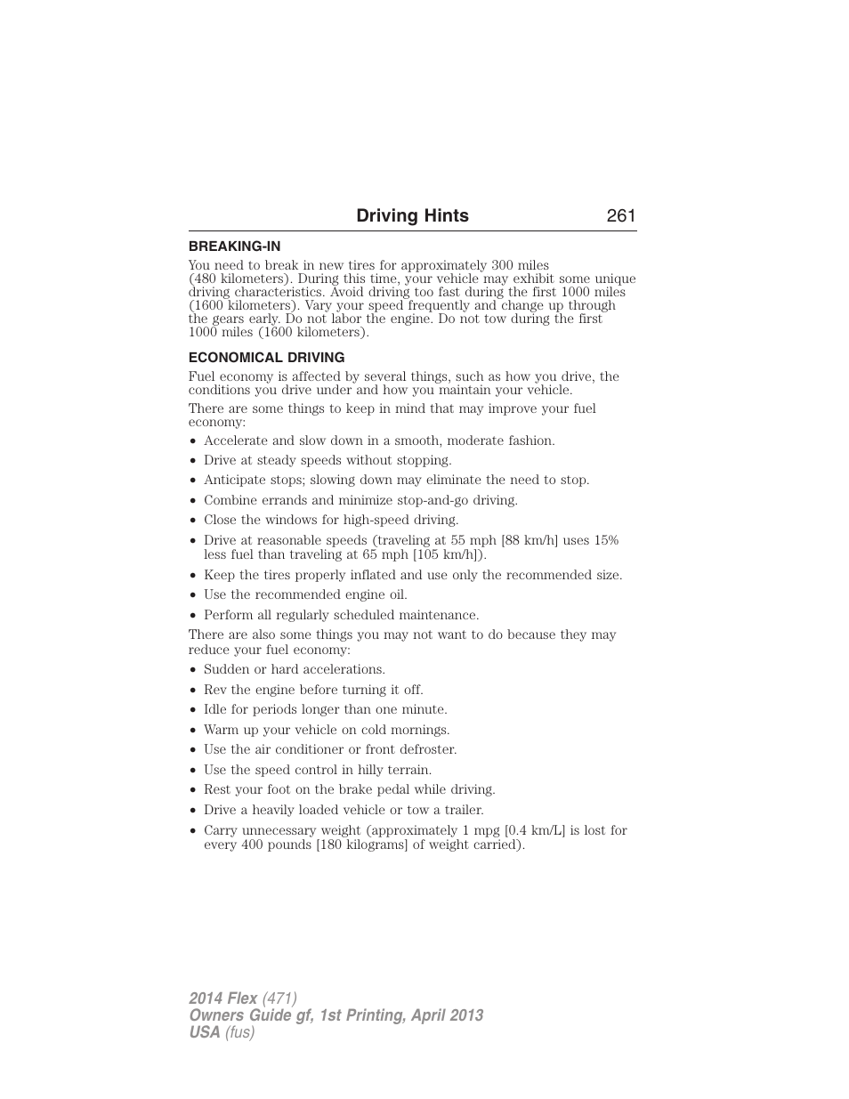 Driving hints, Breaking-in, Economical driving | Driving hints 261 | FORD 2014 Flex v.1 User Manual | Page 262 / 554