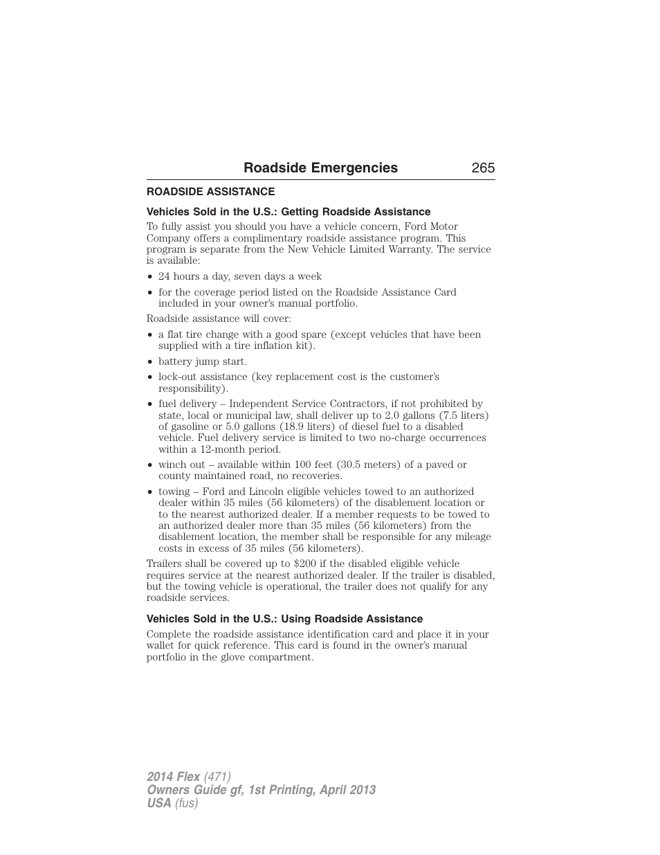 Roadside emergencies, Roadside assistance, Getting roadside assistance | Roadside emergencies 265 | FORD 2014 Flex v.1 User Manual | Page 266 / 554