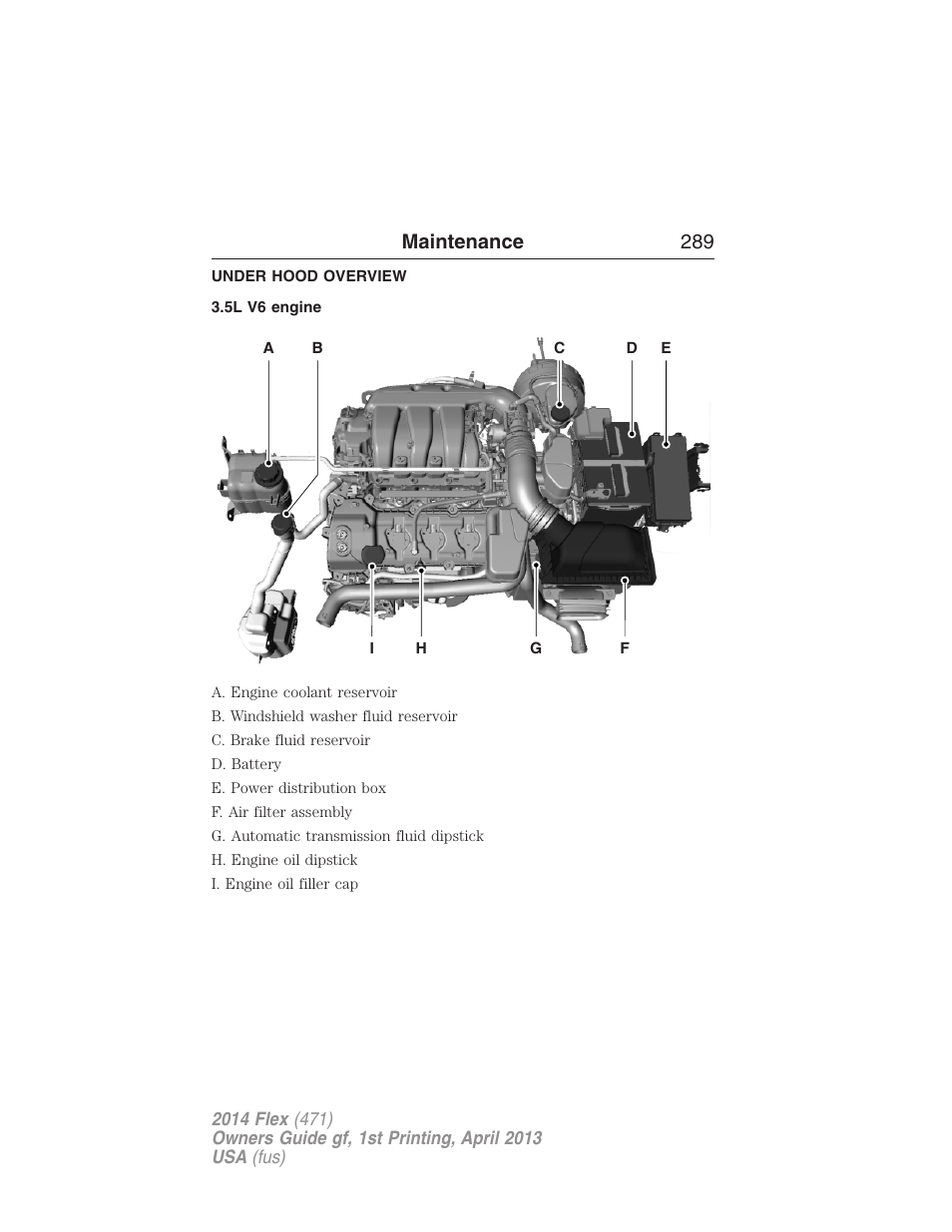 Under hood overview, 5l v6 engine, Maintenance 289 | FORD 2014 Flex v.1 User Manual | Page 290 / 554