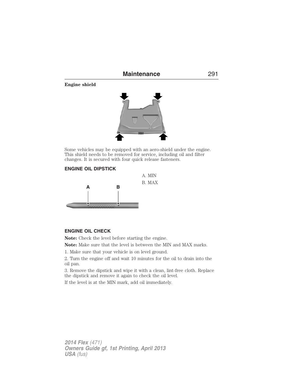 Engine oil dipstick, Engine oil check, Maintenance 291 | FORD 2014 Flex v.1 User Manual | Page 292 / 554