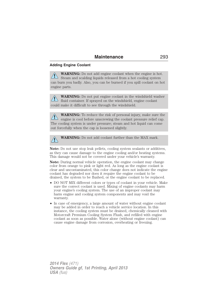 Adding engine coolant, Maintenance 293 | FORD 2014 Flex v.1 User Manual | Page 294 / 554