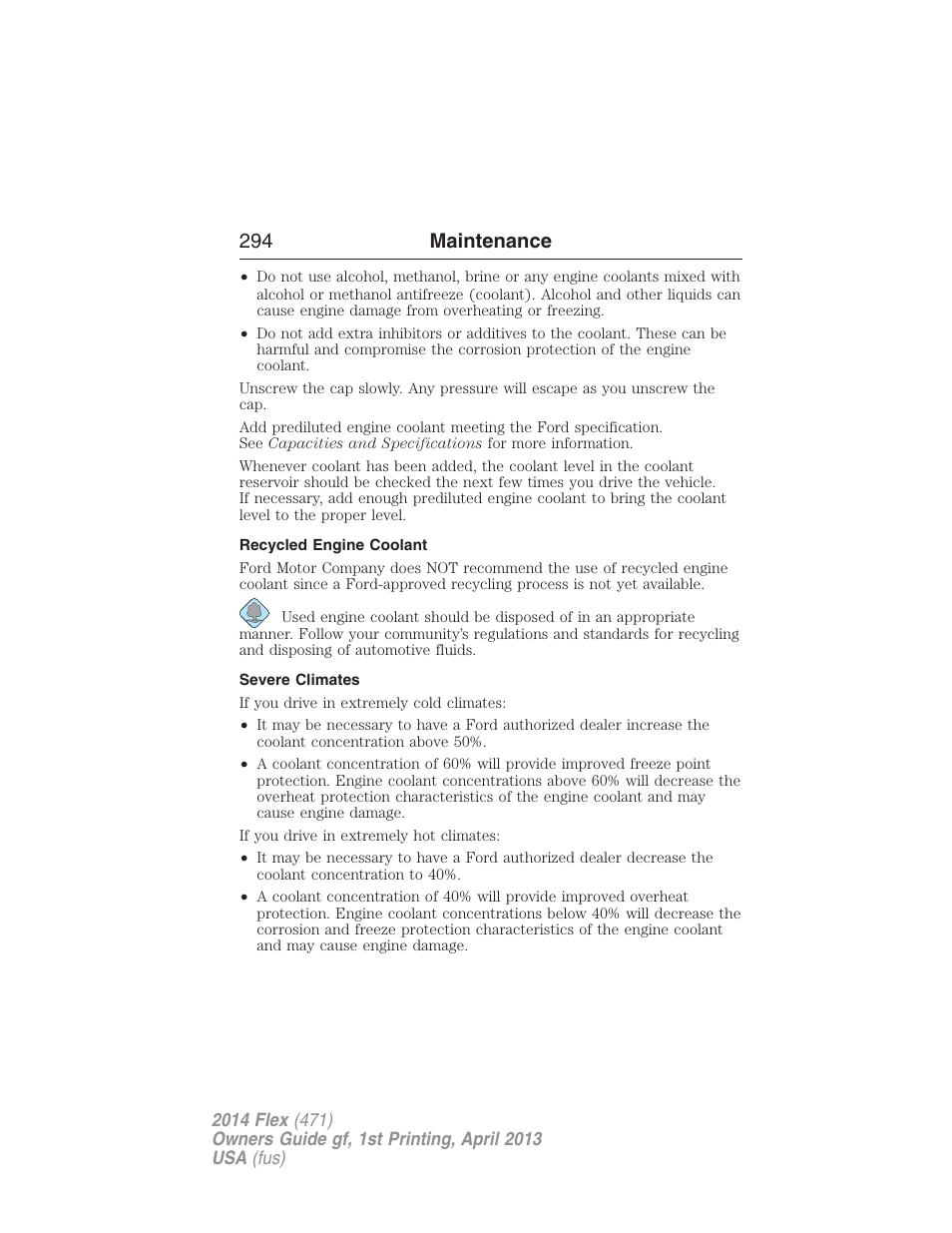 Recycled engine coolant, Severe climates, 294 maintenance | FORD 2014 Flex v.1 User Manual | Page 295 / 554