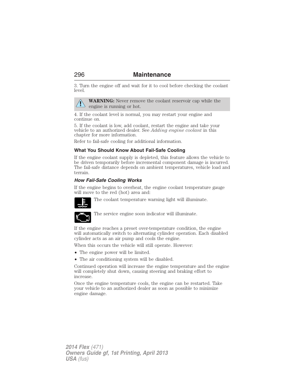 What you should know about fail-safe cooling, How fail-safe cooling works, 296 maintenance | FORD 2014 Flex v.1 User Manual | Page 297 / 554