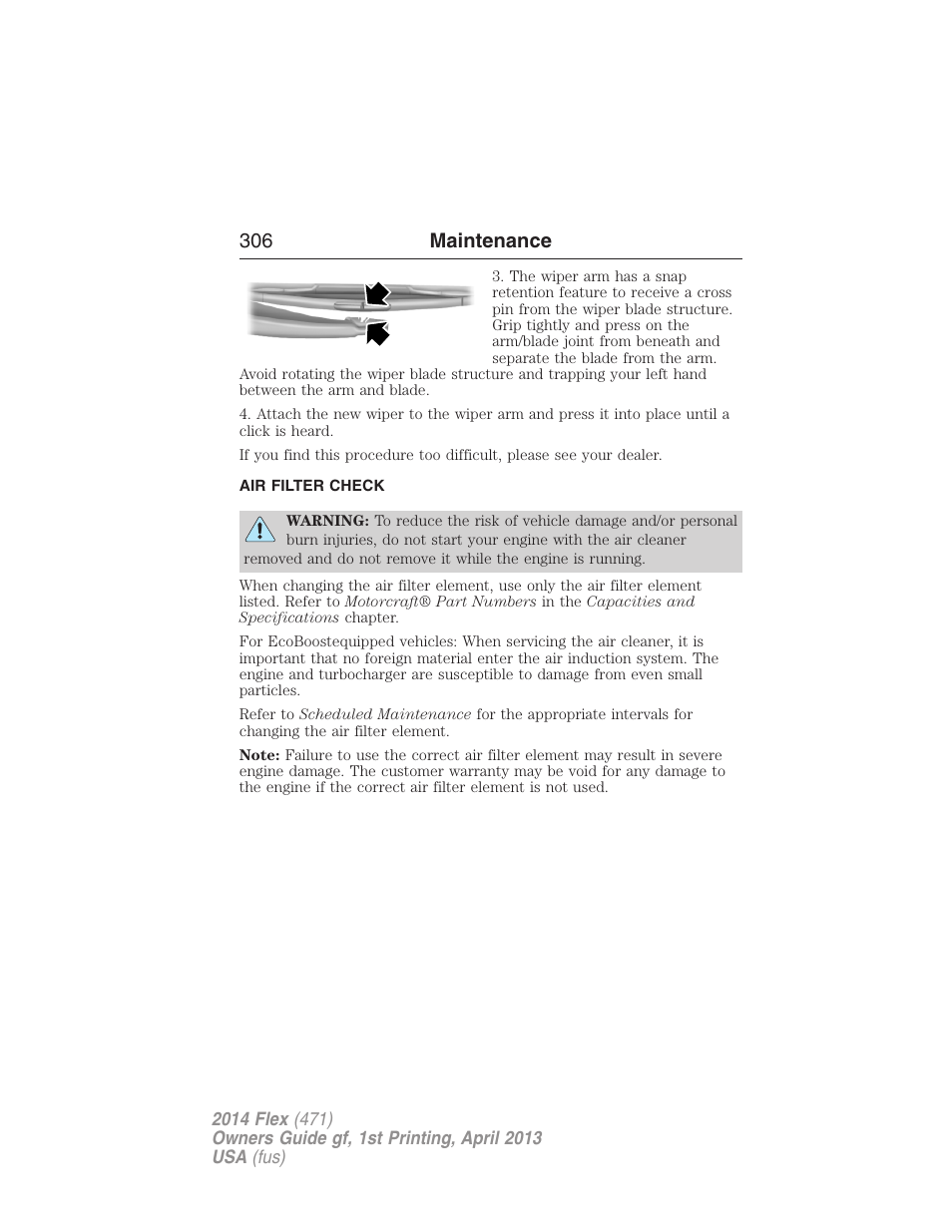 Air filter check, Air filter(s), 306 maintenance | FORD 2014 Flex v.1 User Manual | Page 307 / 554