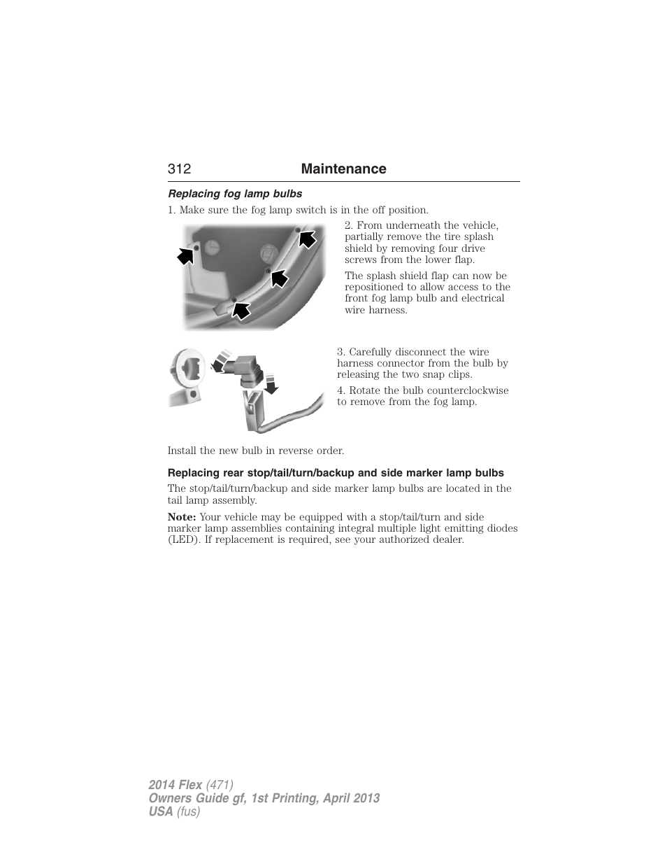 Replacing fog lamp bulbs, 312 maintenance | FORD 2014 Flex v.1 User Manual | Page 313 / 554