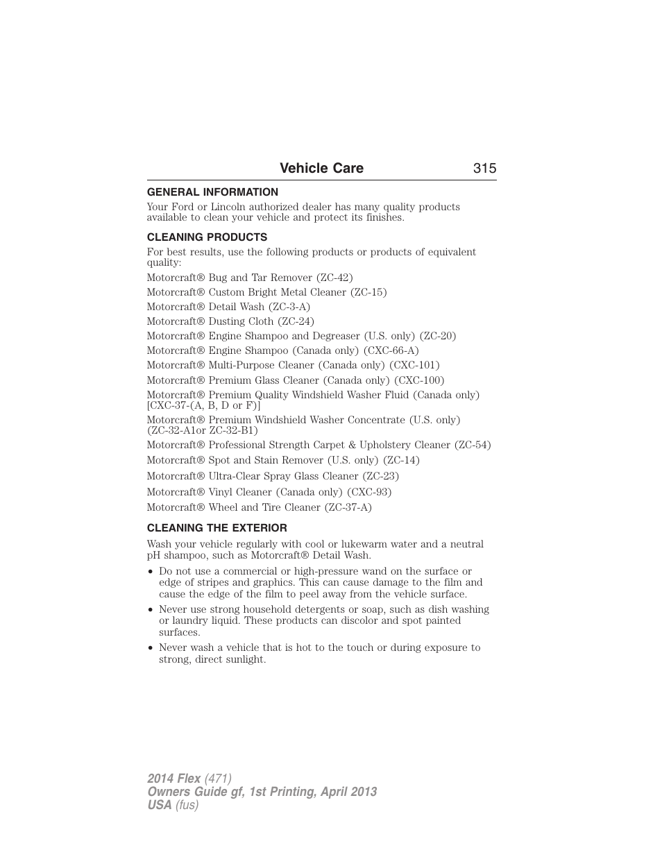 Vehicle care, General information, Cleaning products | Cleaning the exterior, Vehicle care 315 | FORD 2014 Flex v.1 User Manual | Page 316 / 554