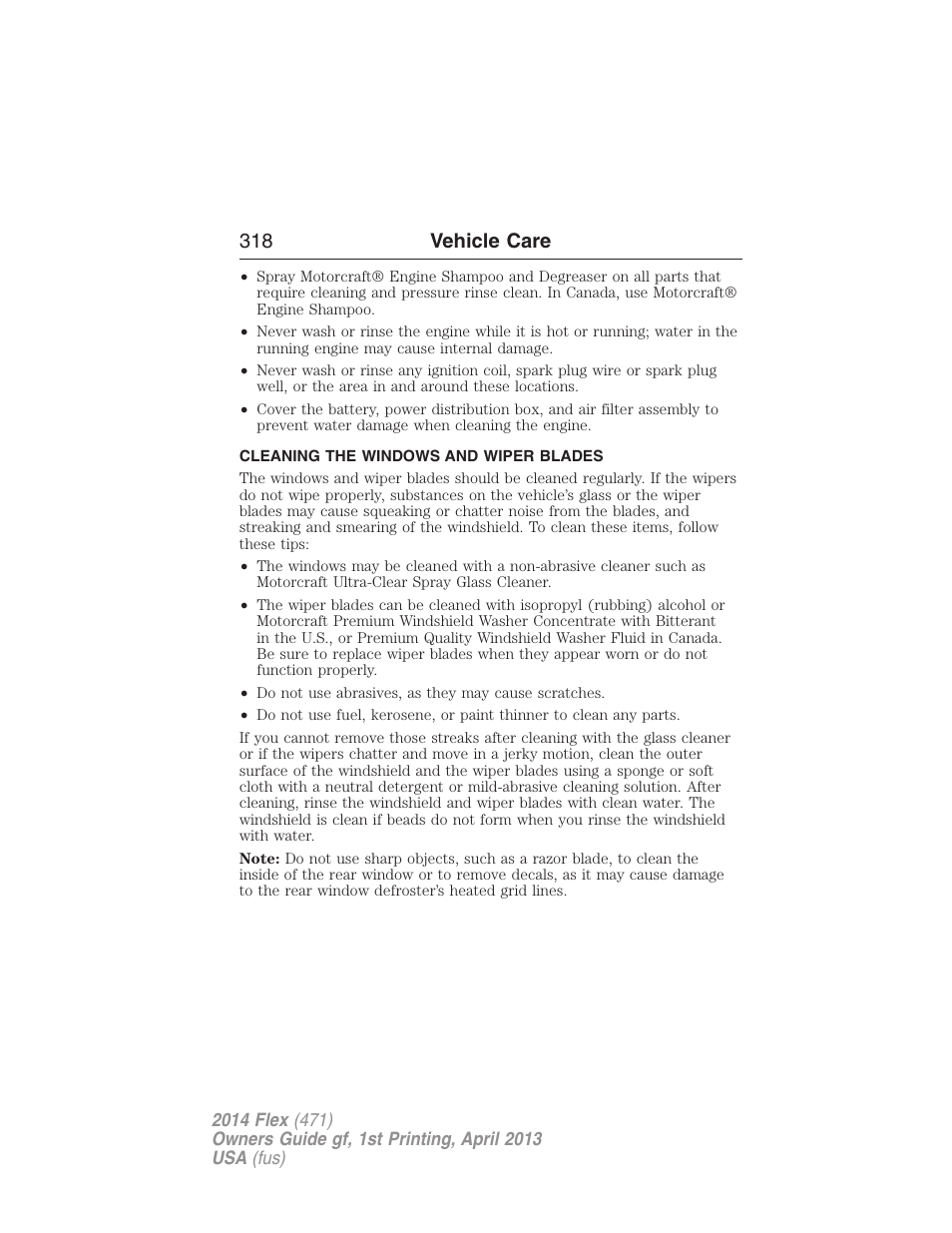 Cleaning the windows and wiper blades, 318 vehicle care | FORD 2014 Flex v.1 User Manual | Page 319 / 554