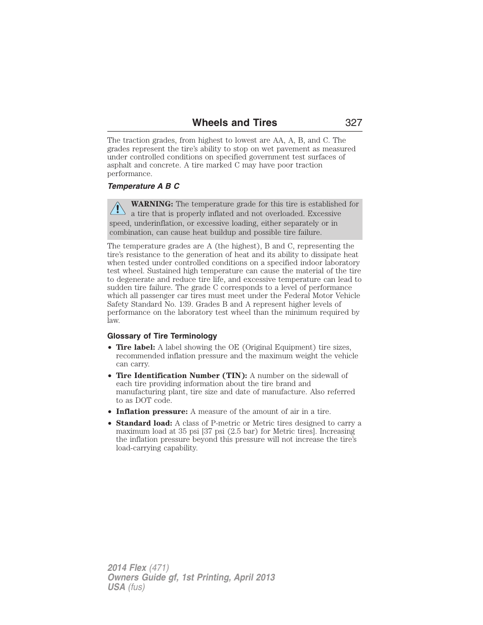Temperature a b c, Glossary of tire terminology, Wheels and tires 327 | FORD 2014 Flex v.1 User Manual | Page 328 / 554
