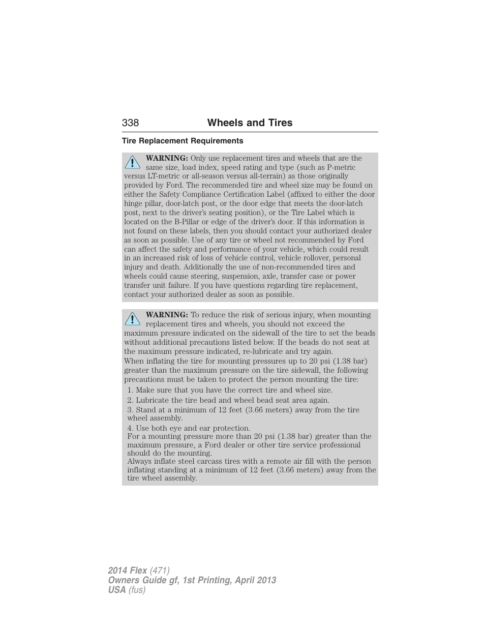 Tire replacement requirements, 338 wheels and tires | FORD 2014 Flex v.1 User Manual | Page 339 / 554