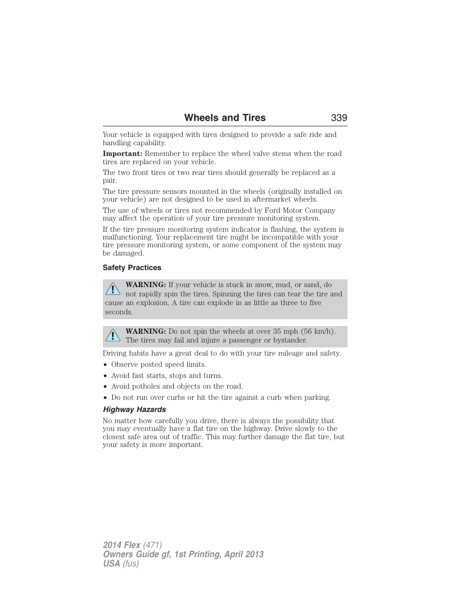 Safety practices, Highway hazards, Wheels and tires 339 | FORD 2014 Flex v.1 User Manual | Page 340 / 554