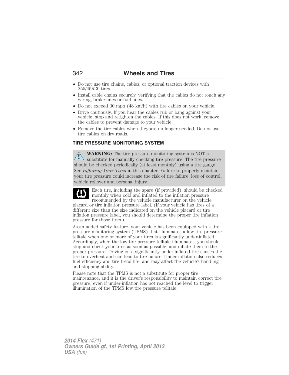 Tire pressure monitoring system, Tire pressure monitoring system (tpms), 342 wheels and tires | FORD 2014 Flex v.1 User Manual | Page 343 / 554