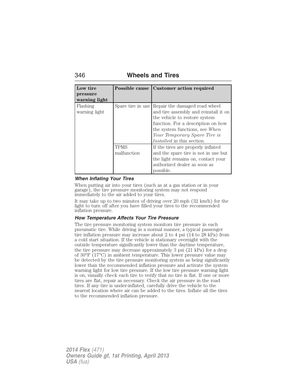 When inflating your tires, How temperature affects your tire pressure, 346 wheels and tires | FORD 2014 Flex v.1 User Manual | Page 347 / 554