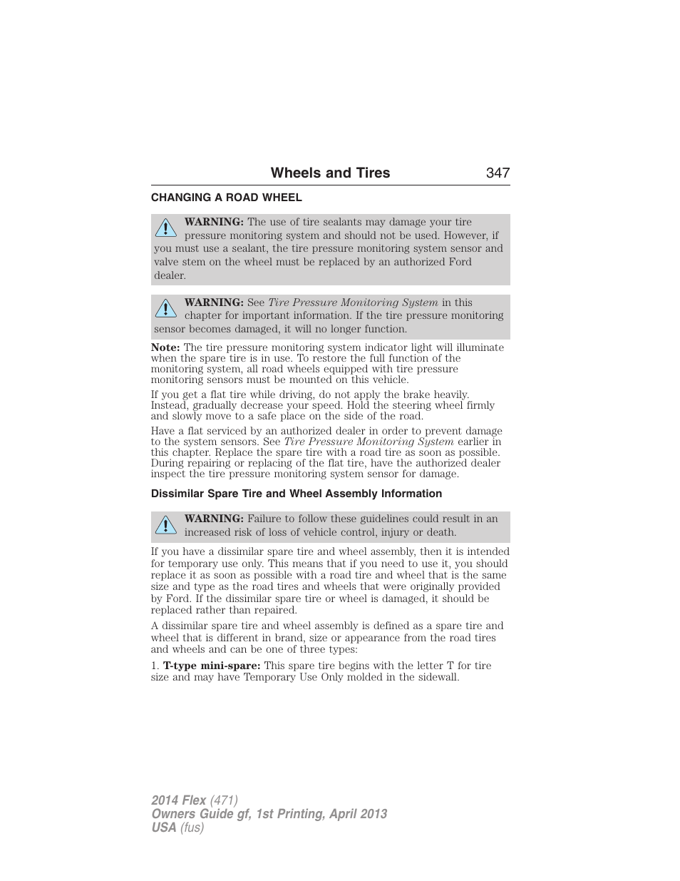 Changing a road wheel, Wheels and tires 347 | FORD 2014 Flex v.1 User Manual | Page 348 / 554