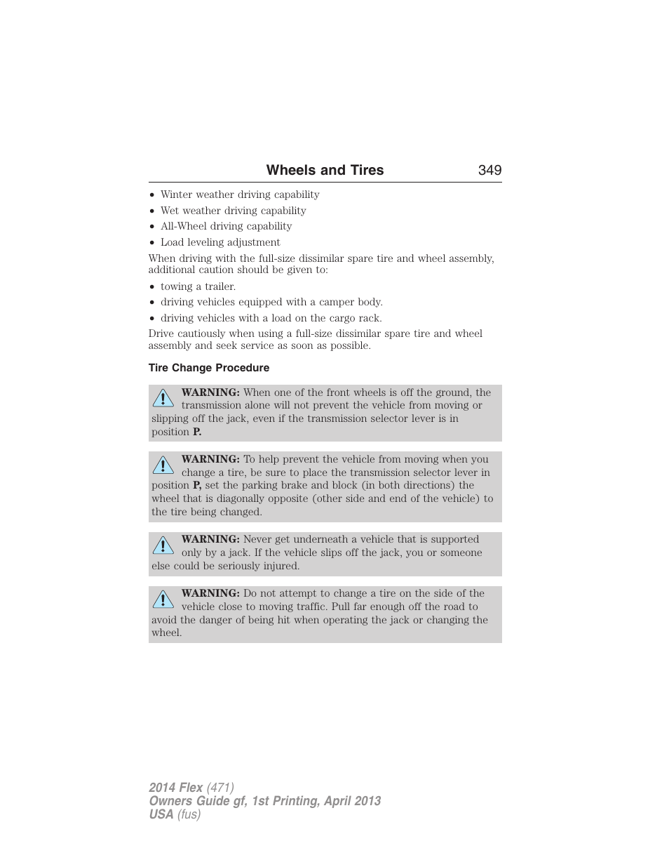 Tire change procedure, Wheels and tires 349 | FORD 2014 Flex v.1 User Manual | Page 350 / 554