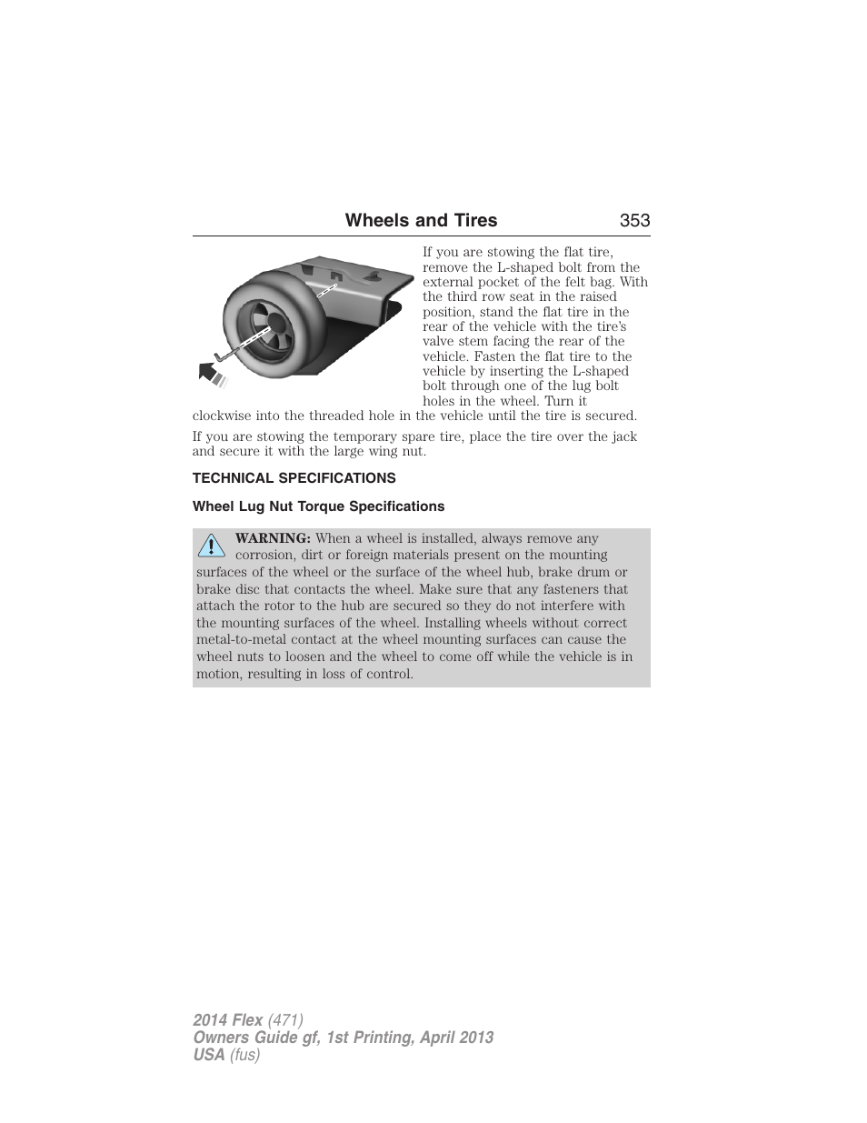 Technical specifications, Wheel lug nut torque specifications, Wheel lug nut torque | Wheels and tires 353 | FORD 2014 Flex v.1 User Manual | Page 354 / 554