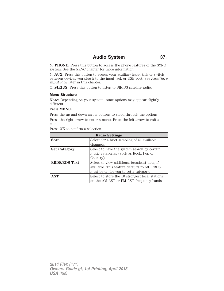 Menu structure, Audio system 371 | FORD 2014 Flex v.1 User Manual | Page 372 / 554