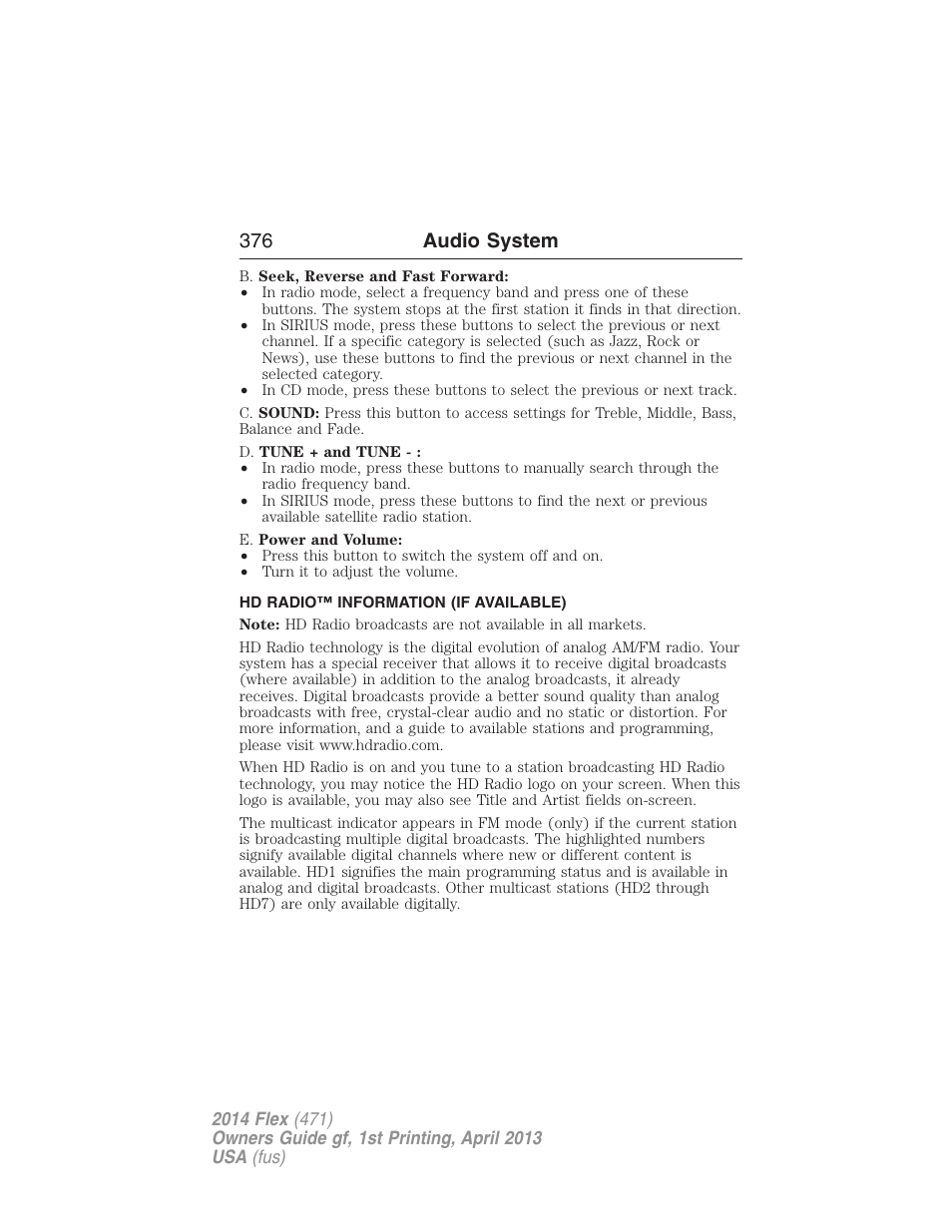 Hd radio™ information (if available), 376 audio system | FORD 2014 Flex v.1 User Manual | Page 377 / 554